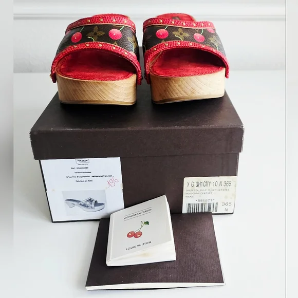 Louis Vuitton Red Cherry Takashi Murakami Monogram Wooden Clogs Mules EU 36.5